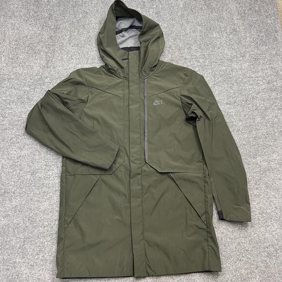 Nike Sportswear Tech Shield Jacket Mens Small Olive Green Hooded Parka Rain Coat - Picture 1 of 9